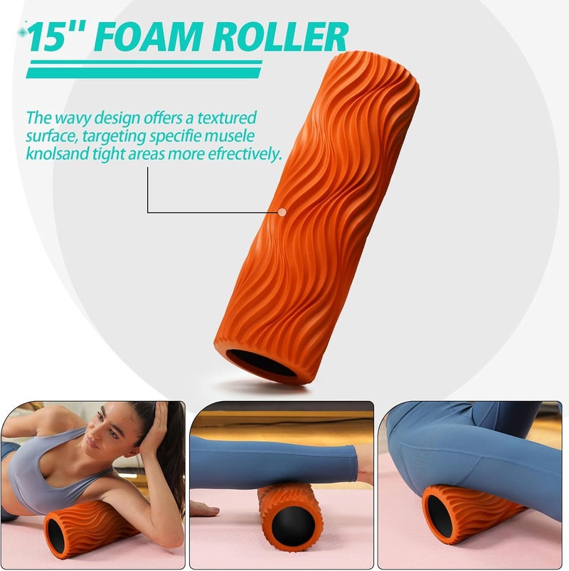 Krightlink 5-in-1 Foam Roller Set, Massage Roller Stick, Massage Ball, Resistance Band for Deep Muscle Massage, Trigger Point Release, Pilates, Yoga (Orange-Wave) - Image 2
